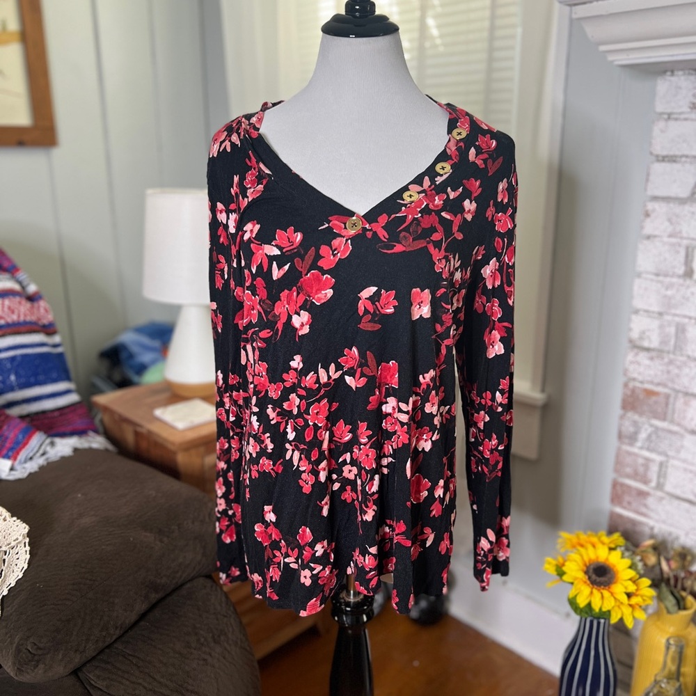 Rebecca Malone Black and Pink Floral Blouse